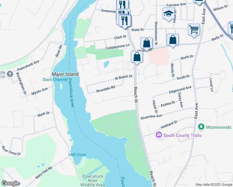 map of restaurants, bars, coffee shops, grocery stores, and more near 17 Lanphere Road in Westerly