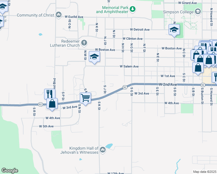 map of restaurants, bars, coffee shops, grocery stores, and more near 308 South J Street in Indianola