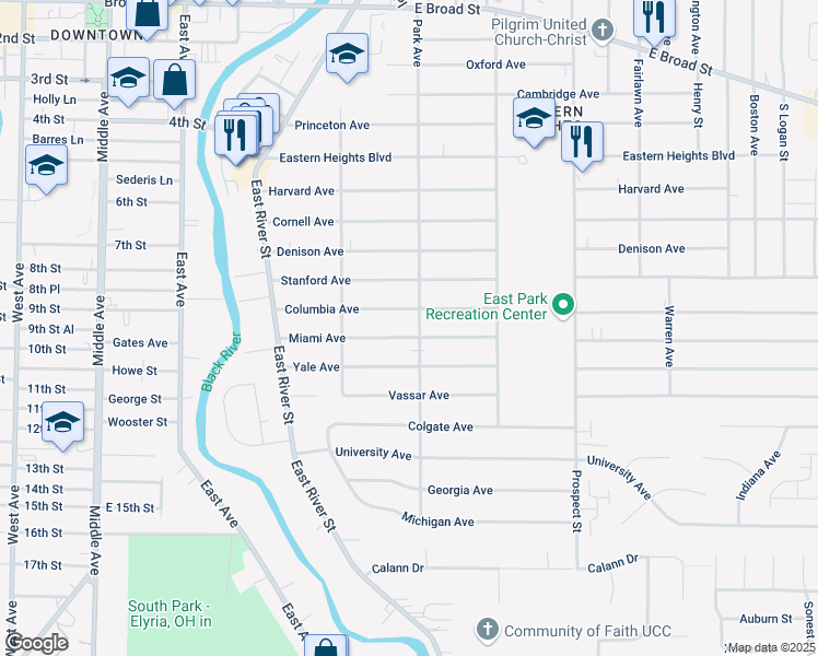 map of restaurants, bars, coffee shops, grocery stores, and more near 1111 Park Avenue in Elyria