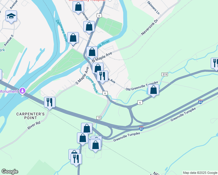 map of restaurants, bars, coffee shops, grocery stores, and more near 17 Minisink Avenue in Port Jervis