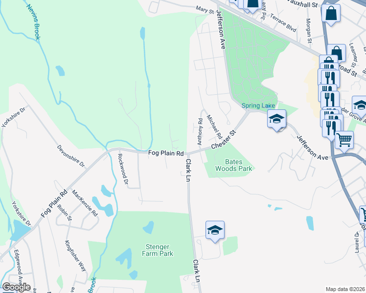 map of restaurants, bars, coffee shops, grocery stores, and more near 3 Fog Plain Road in Waterford