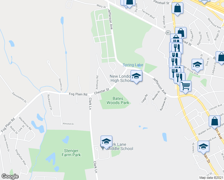 map of restaurants, bars, coffee shops, grocery stores, and more near 80 Chester Street in New London