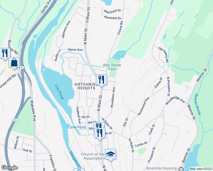 map of restaurants, bars, coffee shops, grocery stores, and more near 2 Colony Road in Ansonia
