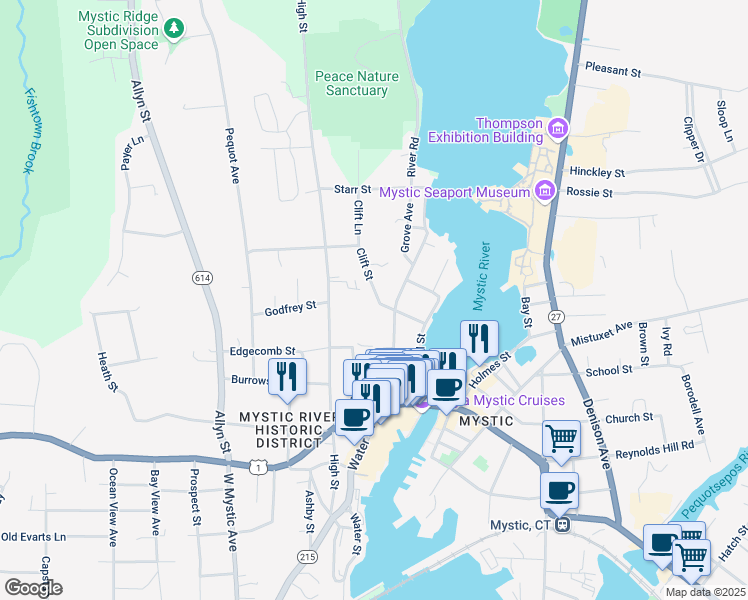 map of restaurants, bars, coffee shops, grocery stores, and more near 63 Clift Street in Groton