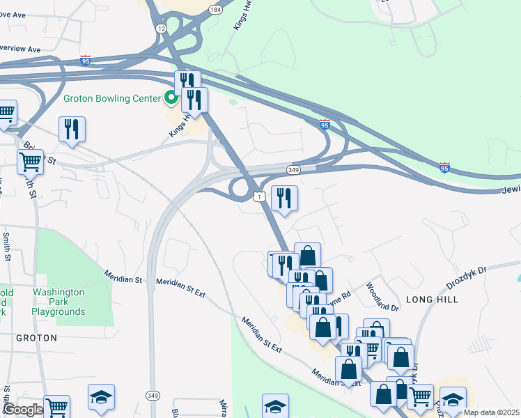 map of restaurants, bars, coffee shops, grocery stores, and more near 317 Long Hill Road in Groton