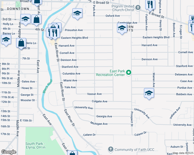 map of restaurants, bars, coffee shops, grocery stores, and more near 1111 Park Avenue in Elyria