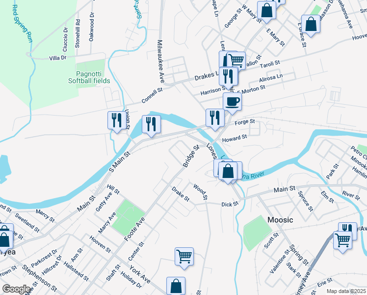 map of restaurants, bars, coffee shops, grocery stores, and more near 116 Millard Street in Old Forge