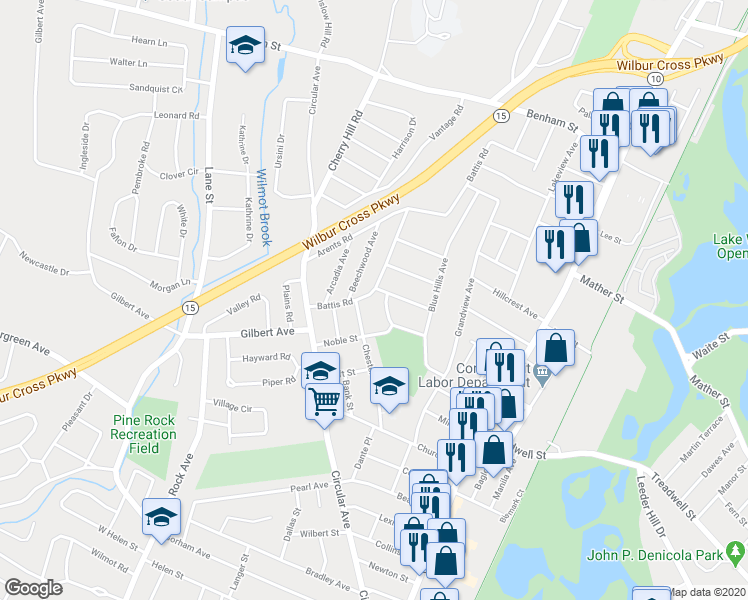 map of restaurants, bars, coffee shops, grocery stores, and more near 77 Battis Road in Hamden
