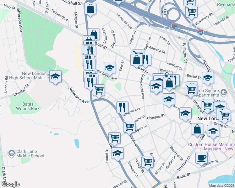 map of restaurants, bars, coffee shops, grocery stores, and more near 16 Cape Ann Court in New London