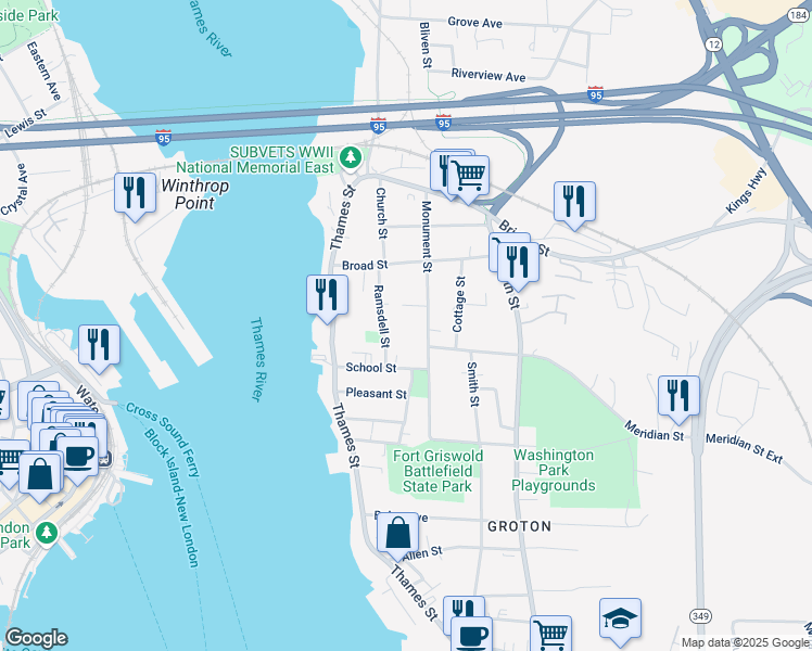 map of restaurants, bars, coffee shops, grocery stores, and more near 139 Monument Street in Groton