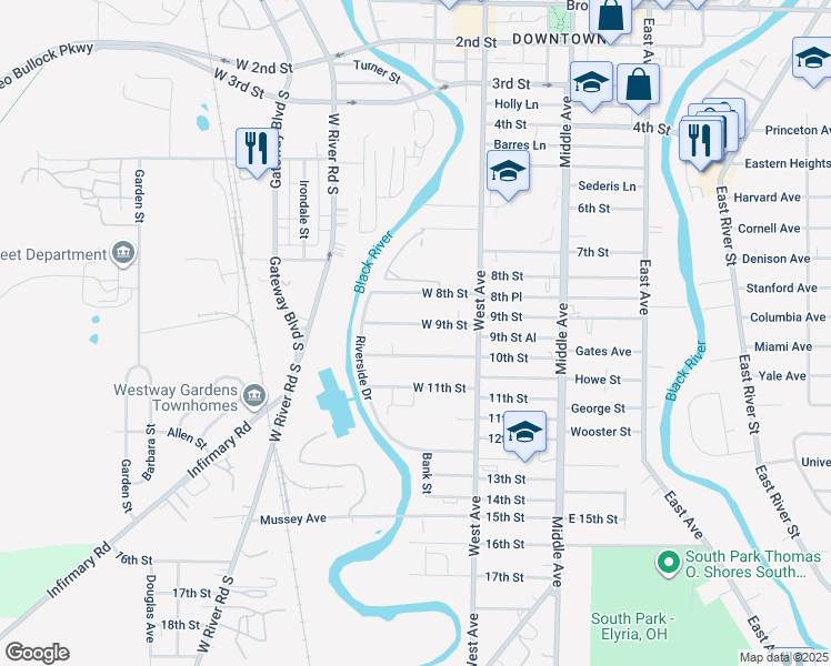 map of restaurants, bars, coffee shops, grocery stores, and more near 450 9th Street in Elyria