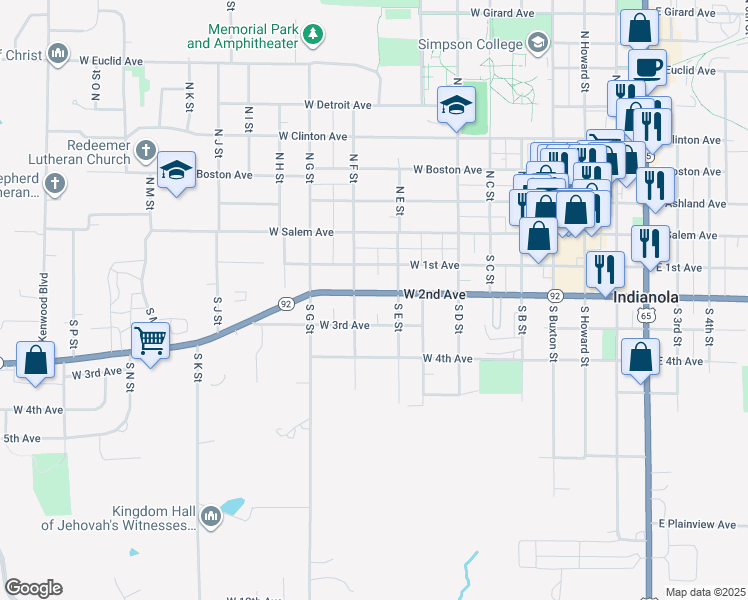 map of restaurants, bars, coffee shops, grocery stores, and more near 711 West 2nd Avenue in Indianola