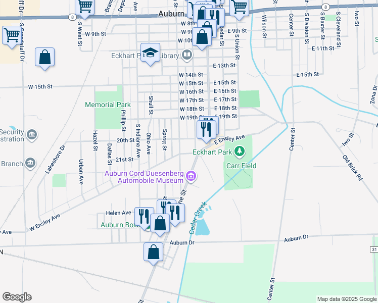 map of restaurants, bars, coffee shops, grocery stores, and more near 210 West Ensley Avenue in Auburn