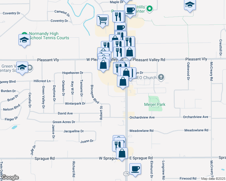 map of restaurants, bars, coffee shops, grocery stores, and more near 7656 Broadview Road in Parma