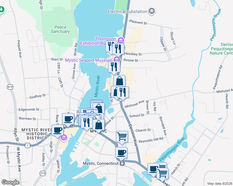 map of restaurants, bars, coffee shops, grocery stores, and more near 4 Oak Street in Stonington