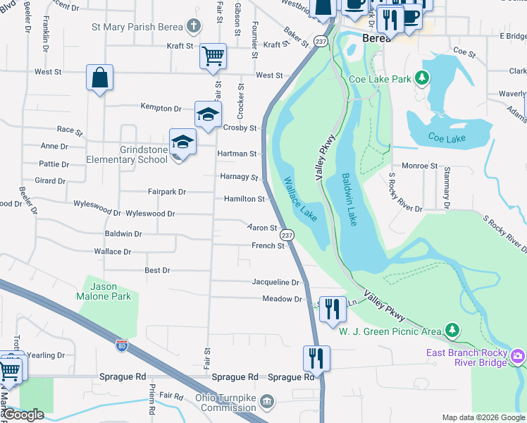 map of restaurants, bars, coffee shops, grocery stores, and more near 364 Prospect Road in Berea