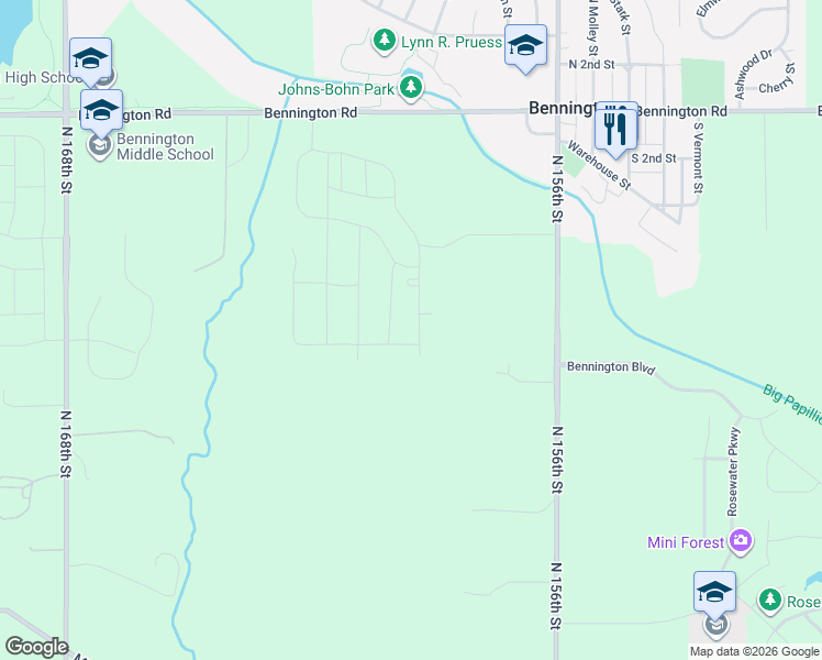 map of restaurants, bars, coffee shops, grocery stores, and more near 10930-10974 North 156th Street in Bennington