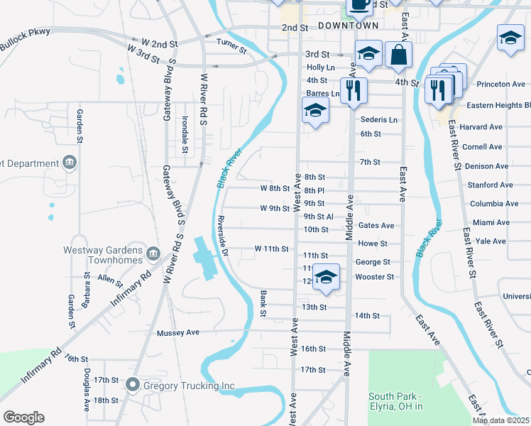 map of restaurants, bars, coffee shops, grocery stores, and more near 436 West 9th Street in Elyria