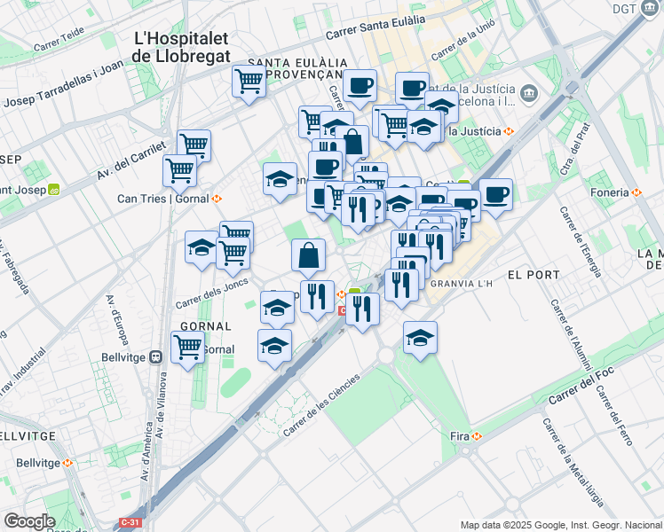 map of restaurants, bars, coffee shops, grocery stores, and more near 1 Carrer de Jerusalem in L'Hospitalet de Llobregat