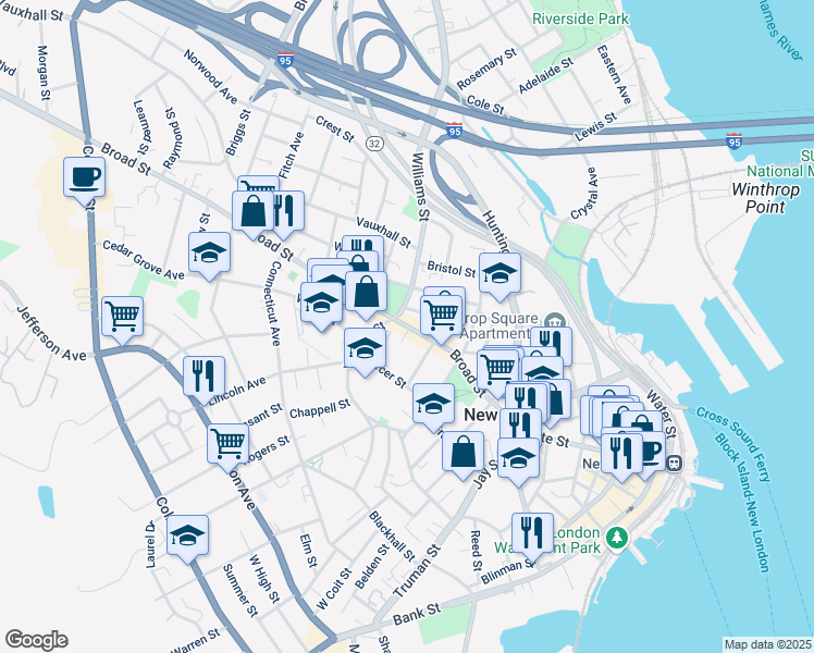 map of restaurants, bars, coffee shops, grocery stores, and more near 130 Broad Street in New London