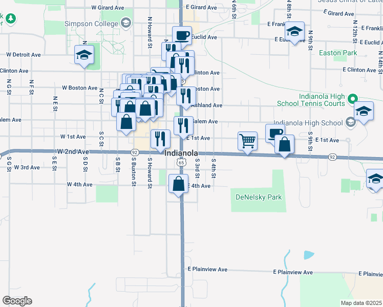 map of restaurants, bars, coffee shops, grocery stores, and more near Iowa 92 in Indianola