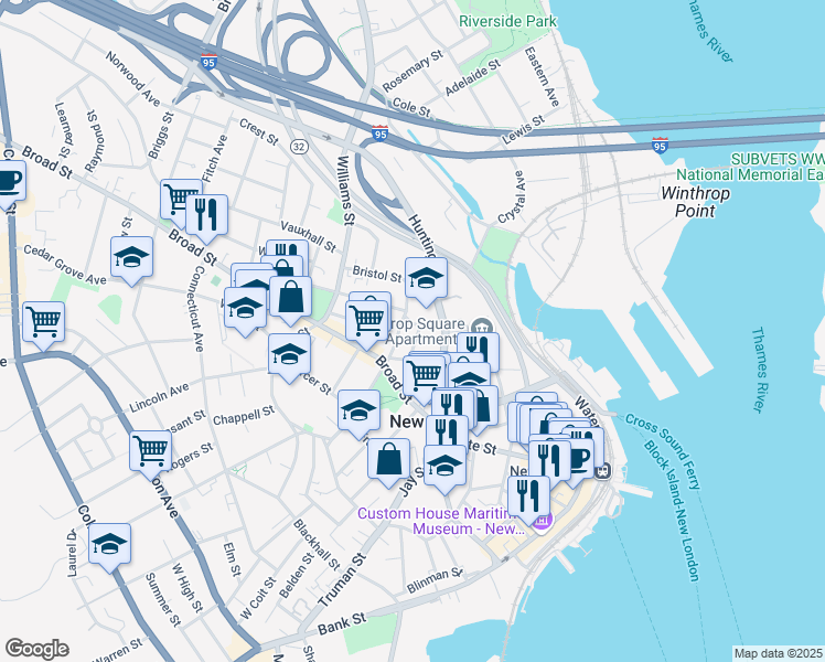 map of restaurants, bars, coffee shops, grocery stores, and more near 16 Prospect Street in New London