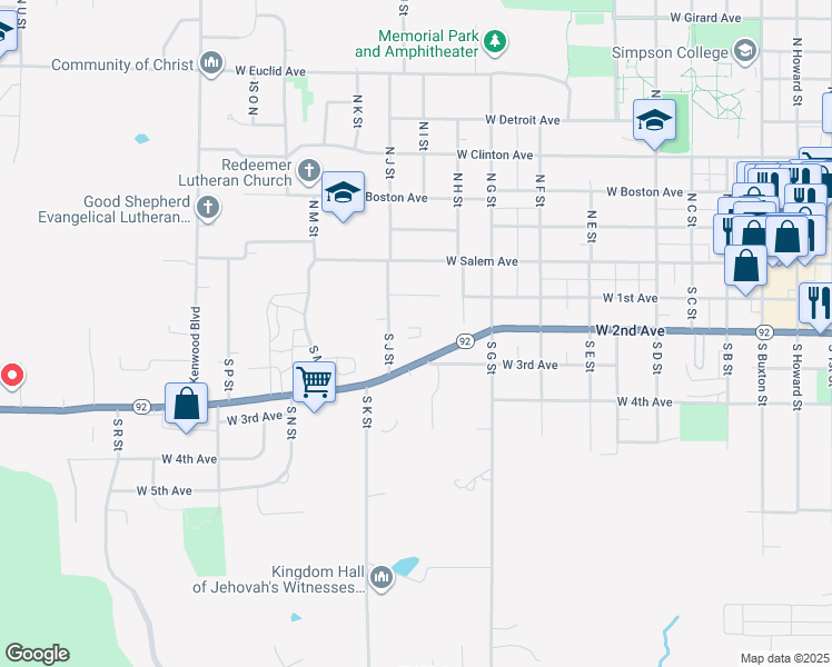 map of restaurants, bars, coffee shops, grocery stores, and more near 306 South J Street in Indianola