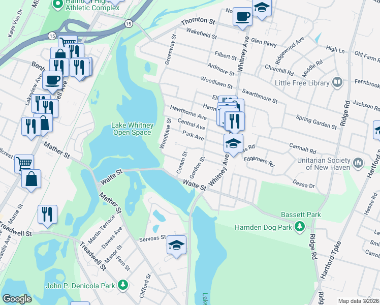 map of restaurants, bars, coffee shops, grocery stores, and more near 45 Coram Street in Hamden