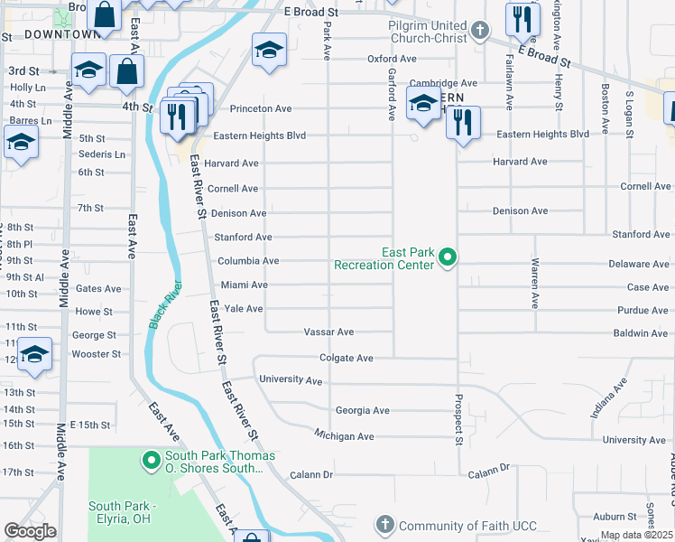 map of restaurants, bars, coffee shops, grocery stores, and more near 1111 Park Avenue in Elyria