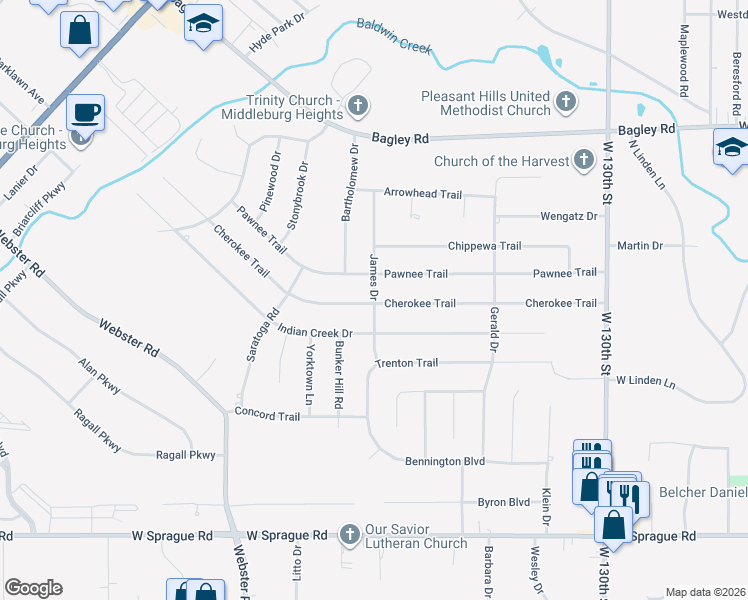 map of restaurants, bars, coffee shops, grocery stores, and more near 7558 James Drive in Middleburg Heights