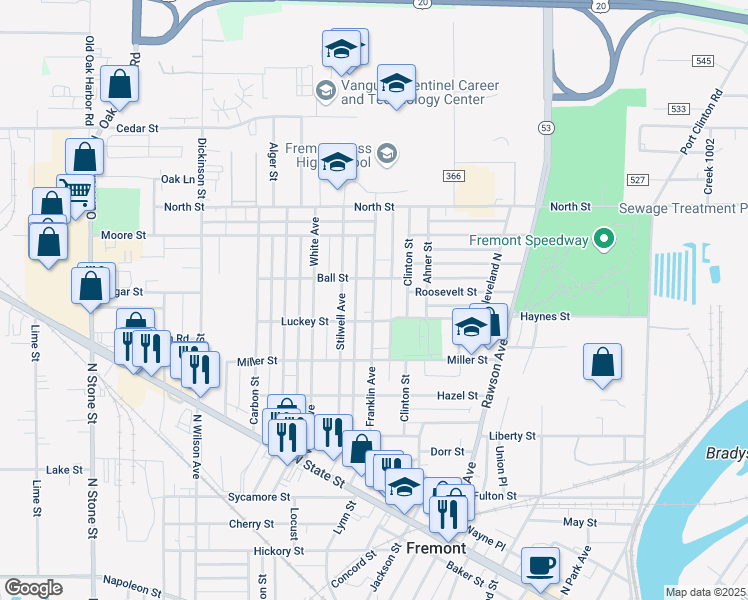 map of restaurants, bars, coffee shops, grocery stores, and more near 1116 Luckey St in Fremont