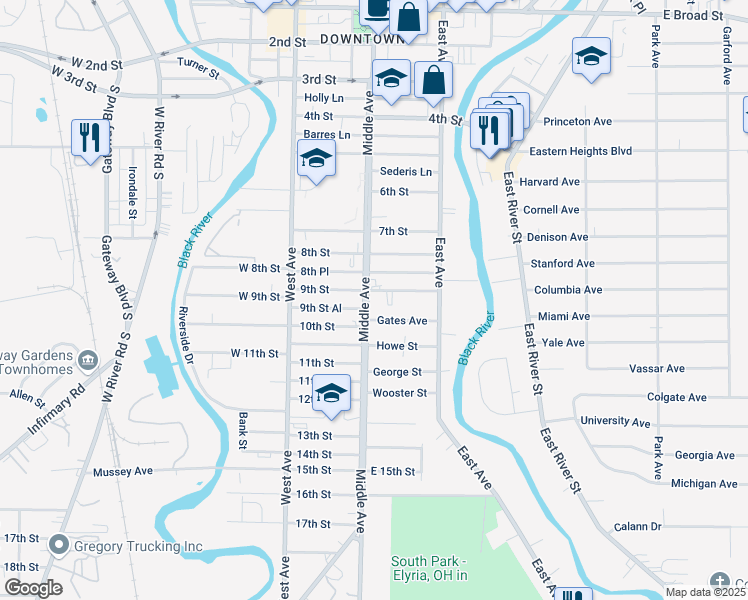 map of restaurants, bars, coffee shops, grocery stores, and more near 906 Middle Avenue in Elyria