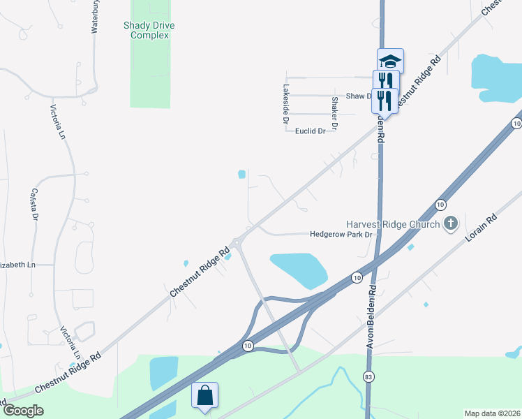map of restaurants, bars, coffee shops, grocery stores, and more near 36462 Chestnut Ridge Road in North Ridgeville