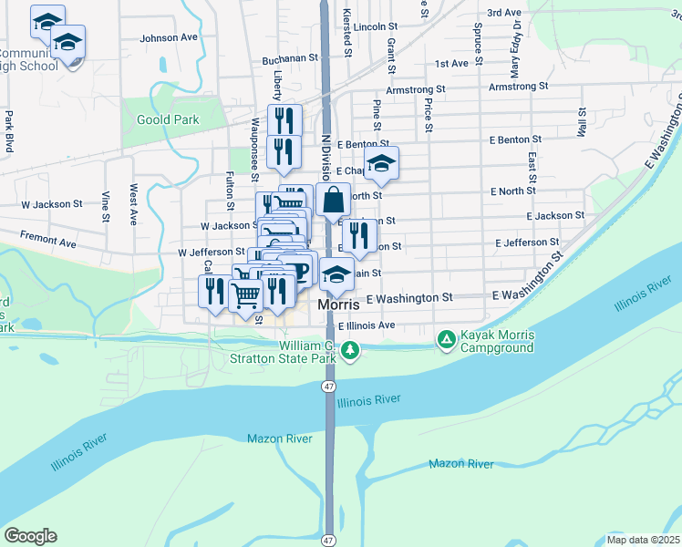 map of restaurants, bars, coffee shops, grocery stores, and more near in Morris