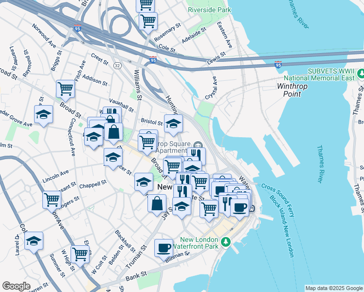 map of restaurants, bars, coffee shops, grocery stores, and more near 1 Bulkeley Place in New London