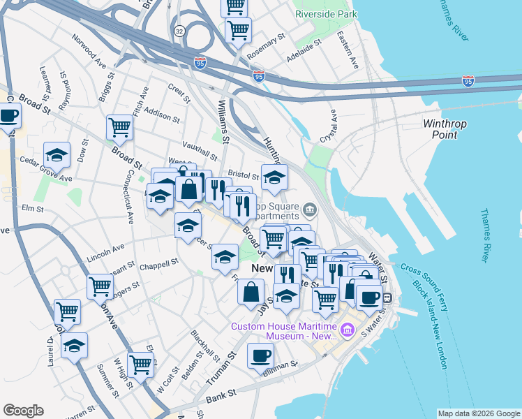 map of restaurants, bars, coffee shops, grocery stores, and more near in New London