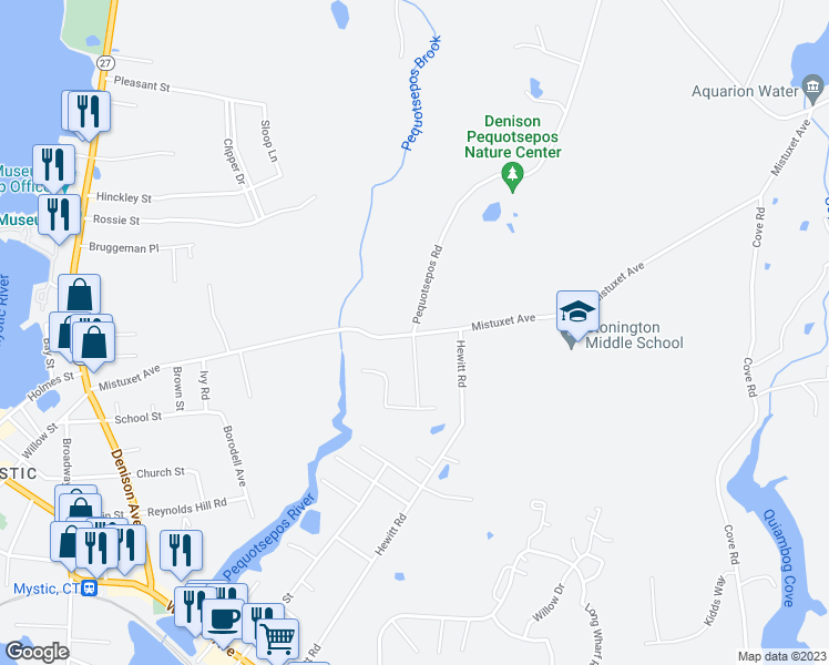 map of restaurants, bars, coffee shops, grocery stores, and more near 210 Pequotsepos Road in Mystic