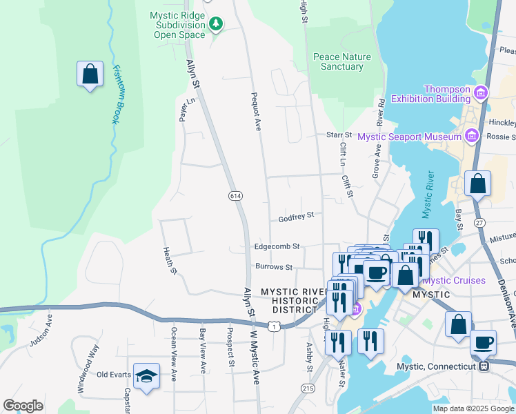 map of restaurants, bars, coffee shops, grocery stores, and more near 71 Pequot Avenue in Groton