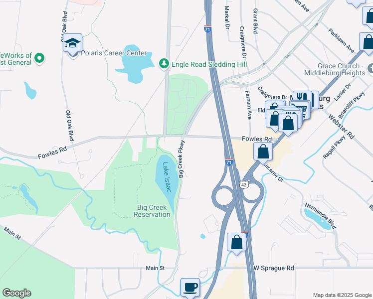 map of restaurants, bars, coffee shops, grocery stores, and more near 7607 Big Creek Parkway in Middleburg Heights