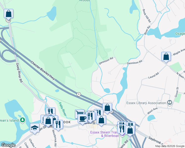 map of restaurants, bars, coffee shops, grocery stores, and more near 76 Dennison Road in Essex