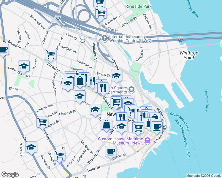 map of restaurants, bars, coffee shops, grocery stores, and more near 16 Prospect Street in New London