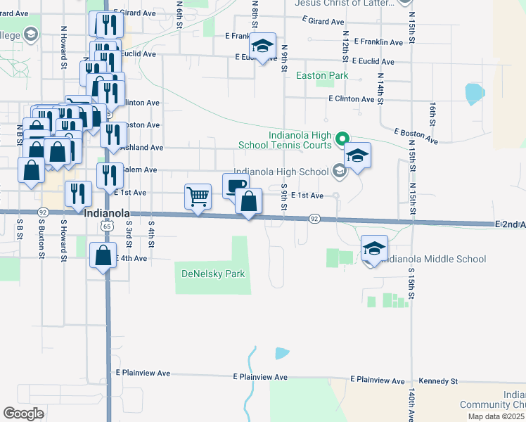 map of restaurants, bars, coffee shops, grocery stores, and more near 1007 East 2nd Avenue in Indianola