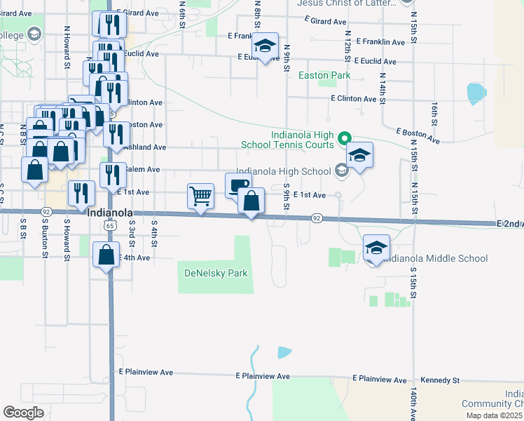 map of restaurants, bars, coffee shops, grocery stores, and more near 1007 East 2nd Avenue in Indianola