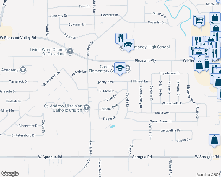 map of restaurants, bars, coffee shops, grocery stores, and more near 2741 Burden Drive in Parma