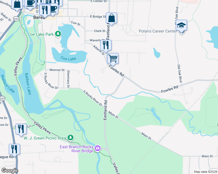map of restaurants, bars, coffee shops, grocery stores, and more near 7660 Eastland Road in Berea