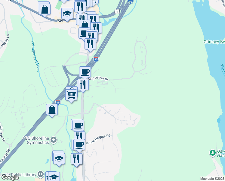 map of restaurants, bars, coffee shops, grocery stores, and more near Unnamed Road in East Lyme