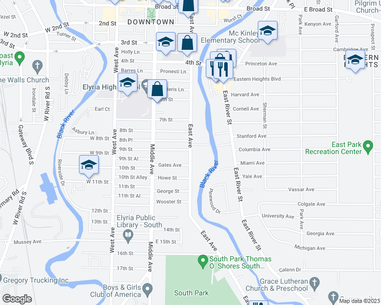 map of restaurants, bars, coffee shops, grocery stores, and more near 902 Oberlin Elyria Road in Elyria