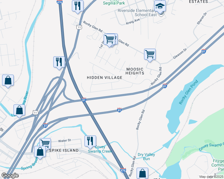 map of restaurants, bars, coffee shops, grocery stores, and more near Snapdragon Drive in Moosic