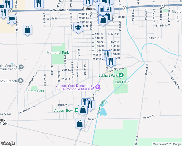 map of restaurants, bars, coffee shops, grocery stores, and more near 300-320 W Ensley Ave in Auburn