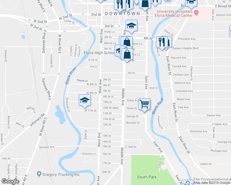 map of restaurants, bars, coffee shops, grocery stores, and more near 320 9th Street in Elyria